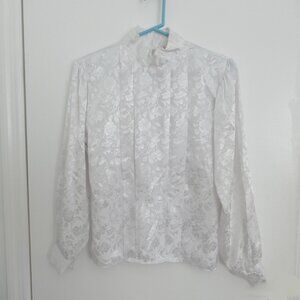 vintage 80s white mock neck secretary office career blouse woven floral pattern